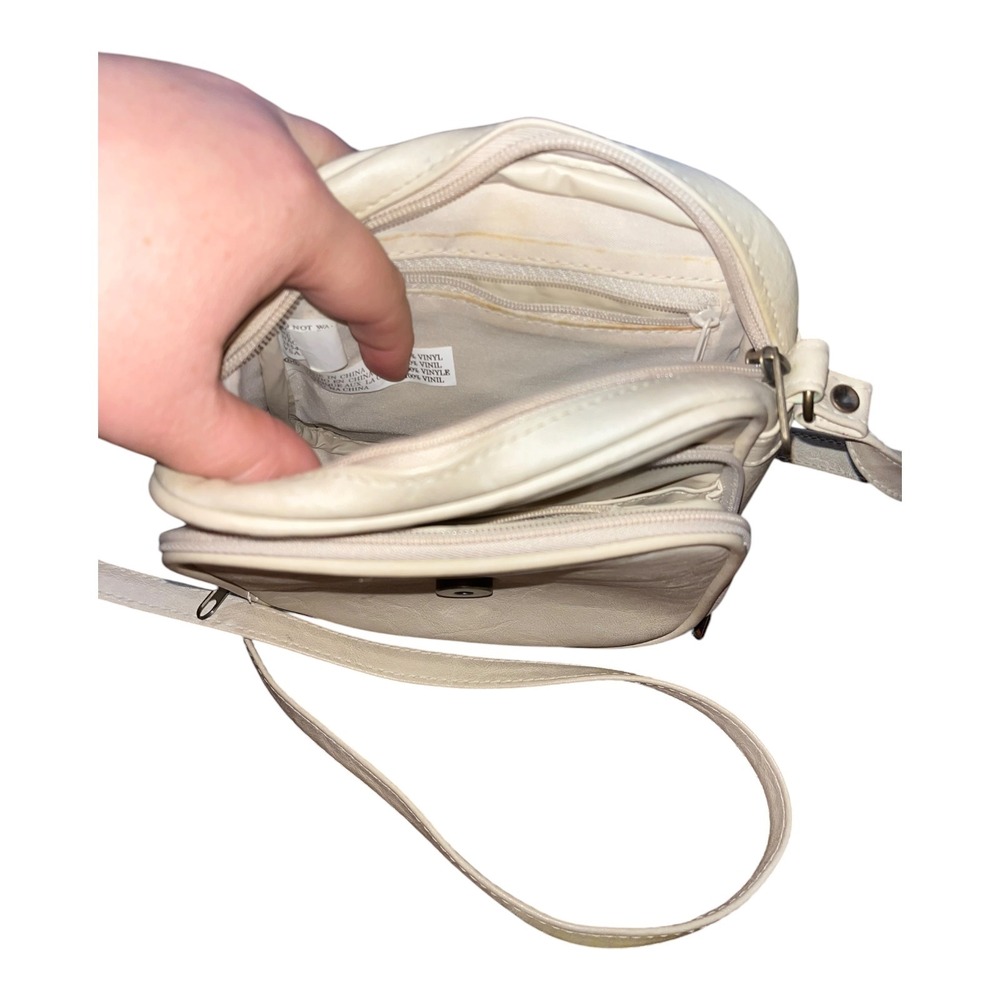 Vintage Cream Vinyl Crossbody Bag Multi Pocket Organizer‎ Shoulder Bag Off White - Picture 5 of 6